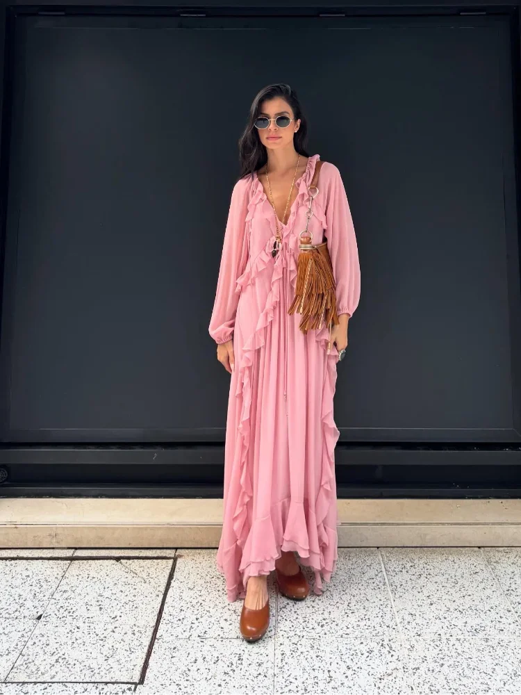 Robe Longue Rose en Mousseline Élégante avec Volants