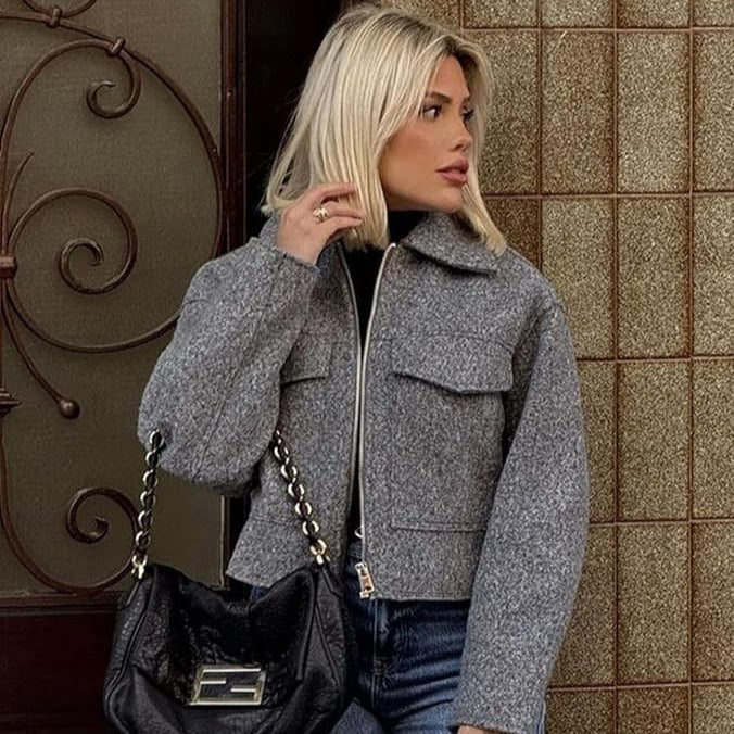 Veste Courte en Tweed avec Fermeture Éclair