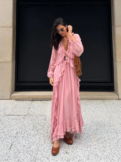 Robe Longue Rose en Mousseline Élégante avec Volants