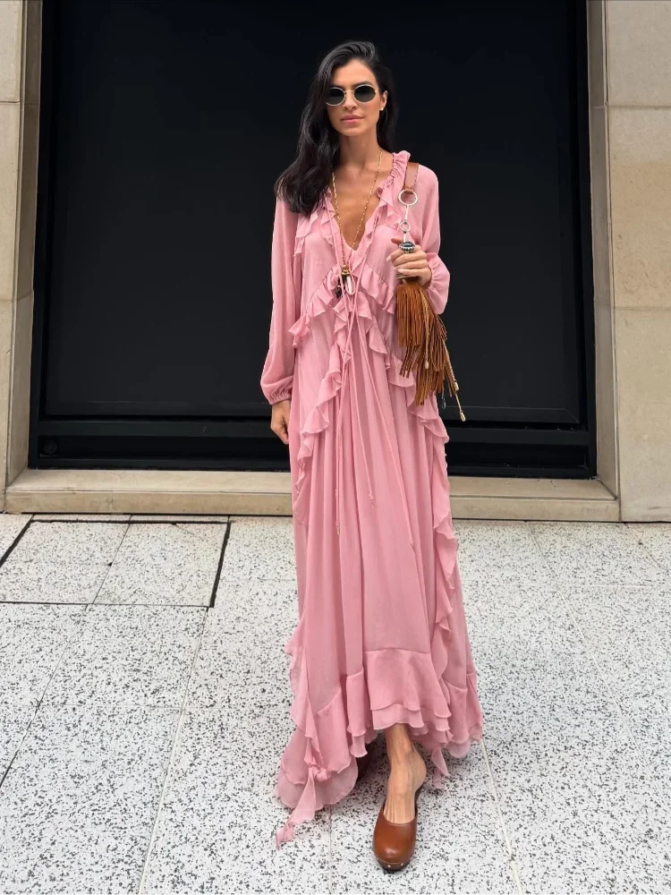 Robe Longue Rose en Mousseline Élégante avec Volants