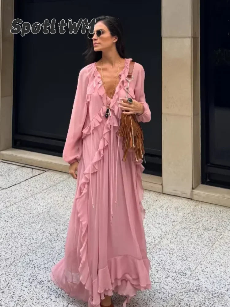 Robe Longue Rose en Mousseline Élégante avec Volants