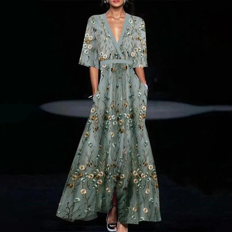 Robe Longue Élégante à Imprimé Rétro pour Femme