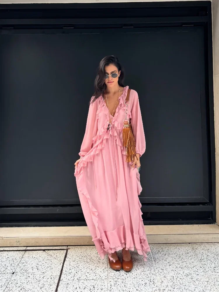 Robe Longue Rose en Mousseline Élégante avec Volants