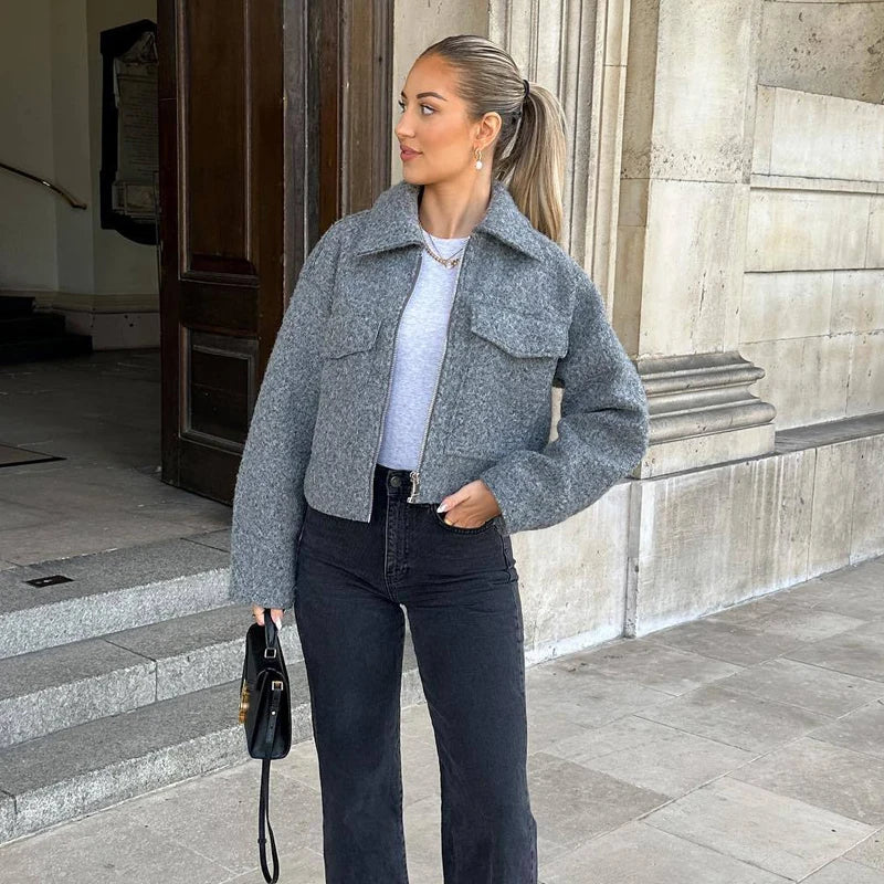 Veste Courte en Tweed avec Fermeture Éclair