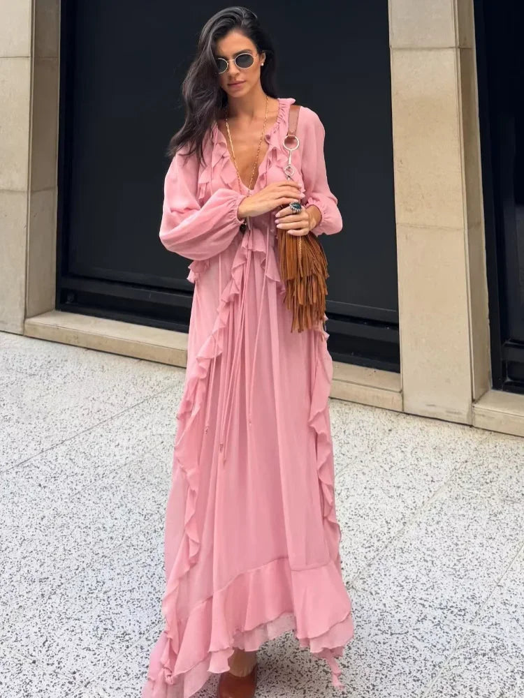 Robe Longue Rose en Mousseline Élégante avec Volants